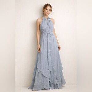 BcbgMaxAzria Silk Icy Blue Maxi Dress Size 6 EUC Dusty Blue Halter Bridesmaid